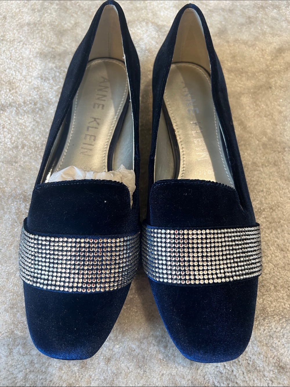 Anne Klein I flex Navy Velvet Loafers with Rhinestone Band - Picture 1 of 6